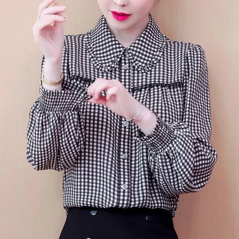 Plaid Elegant Sweet Chic Ruffle Lace Patchwork Korean Fashion Blouse Women Casual Long Sleeve Loose Button Up Shirts Ladies Tops 
Plaid Elegant Sweet Chic Ruffle Lace Patchwork Korean Fashion Blouse Women Casual Long Sleeve Loose Button Up Shirts Ladies Tops