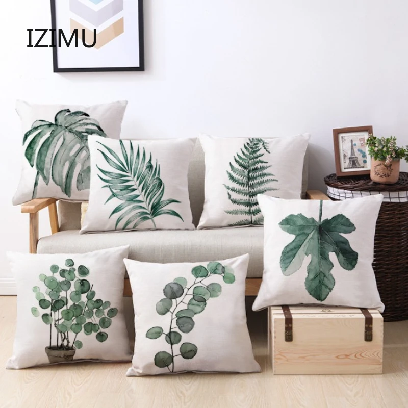 

Linen Ink Green Leaf Pillow, Car Sofa, Nordic Cotton and Linen Pillow, Cushion, Soft Decoration for Home Furnishing Cute Pillow