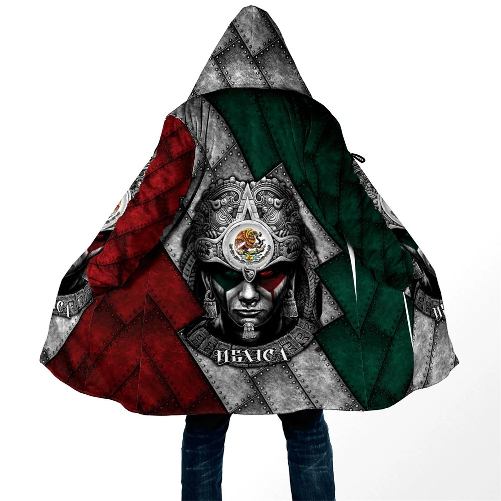 

HX Winter Mens Cloak Mexican Aztec Warrior Splicing Thick Warm Hooded Cloak for Men 3D Printed Windproof Cape Hooded Blanket