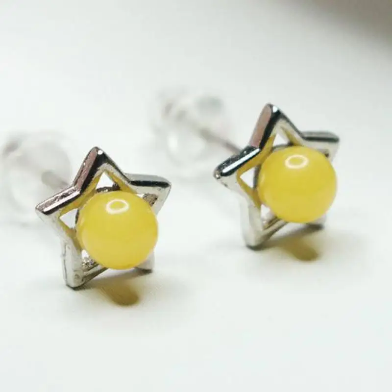 

100% Natural Amber Star Earrings Stud S925 Sterling Silver Jewelry Women Genuine Baltic Yellow Ambers Beads Ear Studs Earring