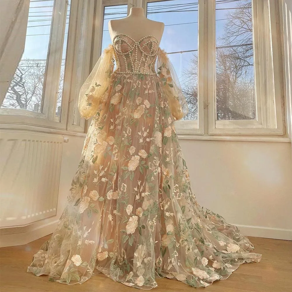 Unique Floral Tulle Elegant Prom Dress Off The Shoulder Embroidery Pearls Lace Appliques Puff Sleeves Sweetheart Party Dress
Unique Floral Tulle Elegant Prom Dress Off The Shoulder Embroidery Pearls Lace Appliques Puff Sleeves Sweetheart Party Dress