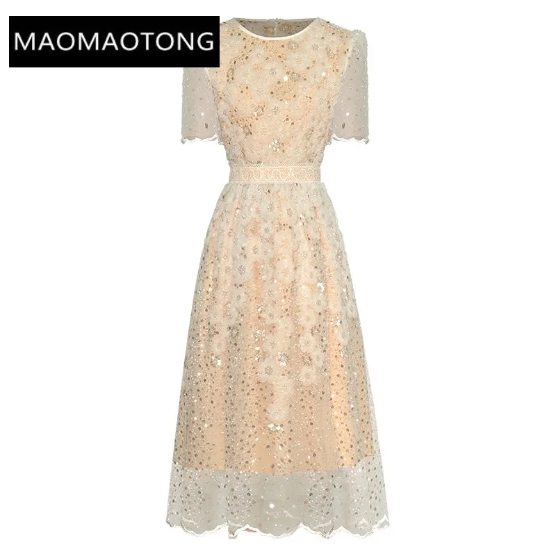 Fashion Designer Summer Elegant Princess Dress Women's O-Neck Short Sleeve Appliques Nail Bead Sequins Khaki Midi Dress
Fashion Designer Summer Elegant Princess Dress Women's O-Neck Short Sleeve Appliques Nail Bead Sequins Khaki Midi Dress