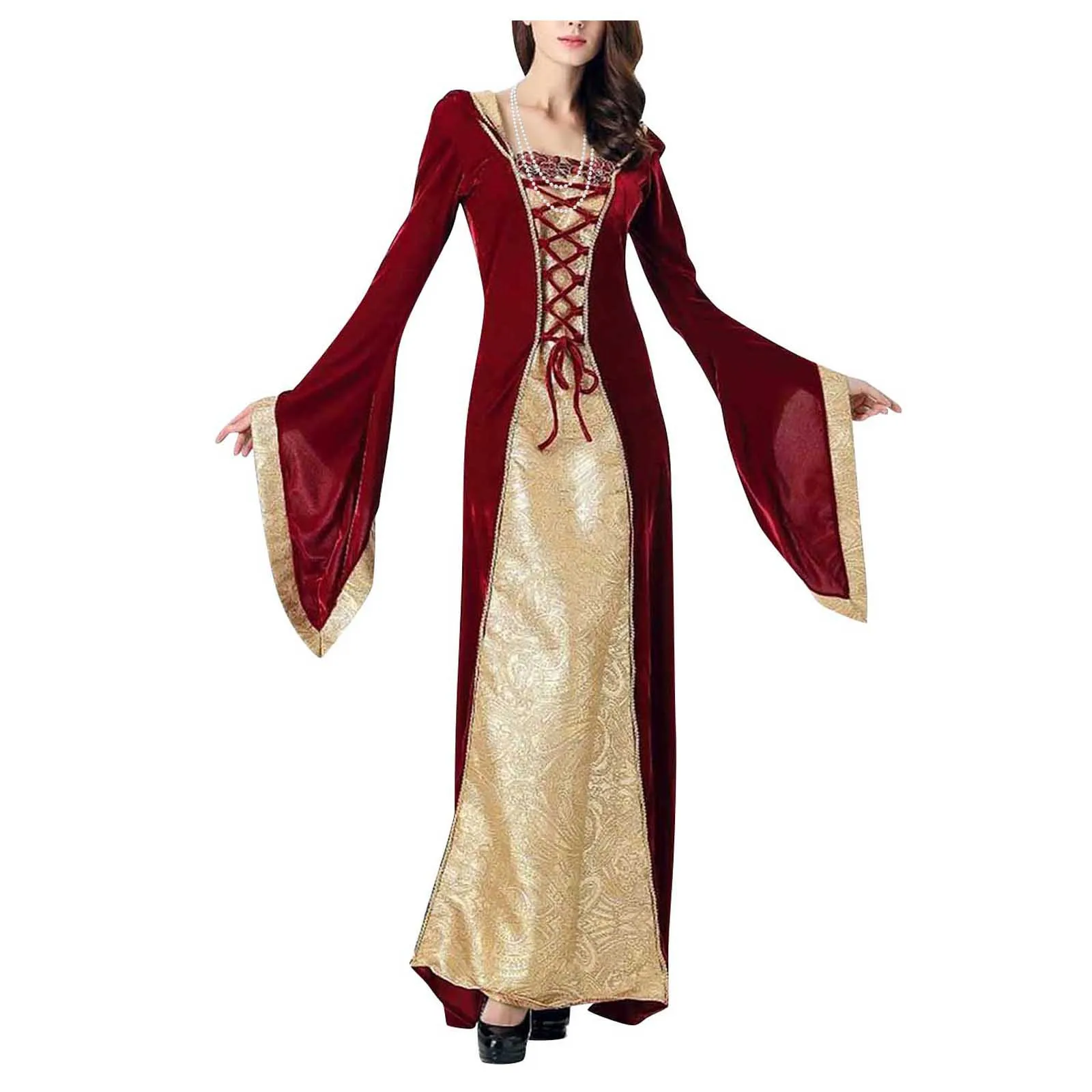 

Medieval Vintage Party Dress Cosplay Costumes Women Palace Noble Long Robes Retro Flare Long Sleeve Bandage Princess Dresses