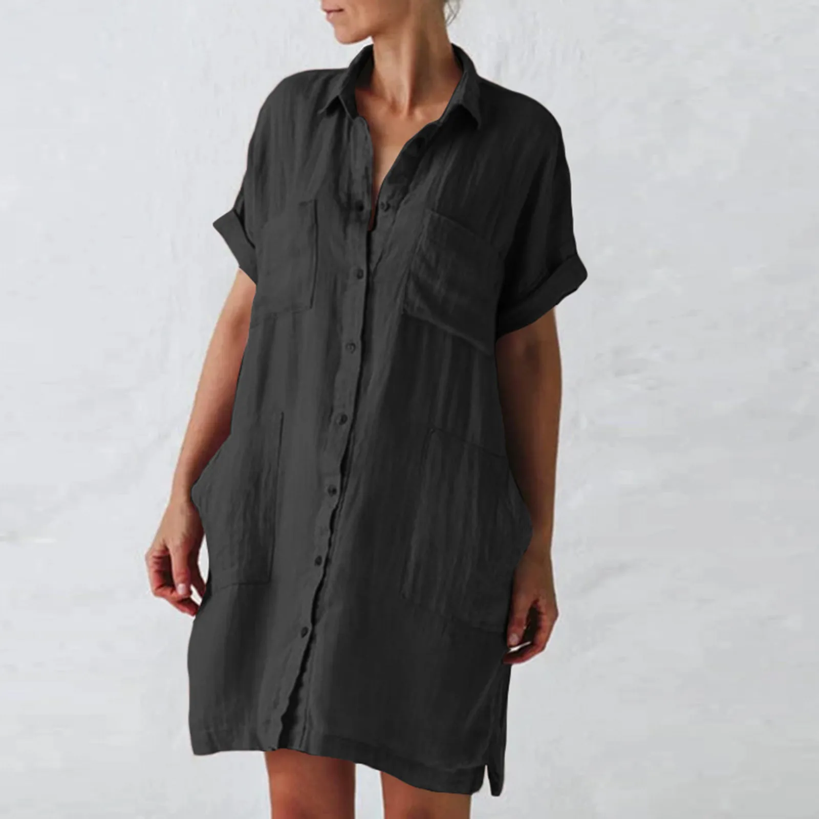 Women Summer Casual Solid Dress Lapel Single-Breasted Straight Short Sleeve Loose Dress With Pocket Cotton Linen Shirt Dress
Women Summer Casual Solid Dress Lapel Single-Breasted Straight Short Sleeve Loose Dress With Pocket Cotton Linen Shirt Dress