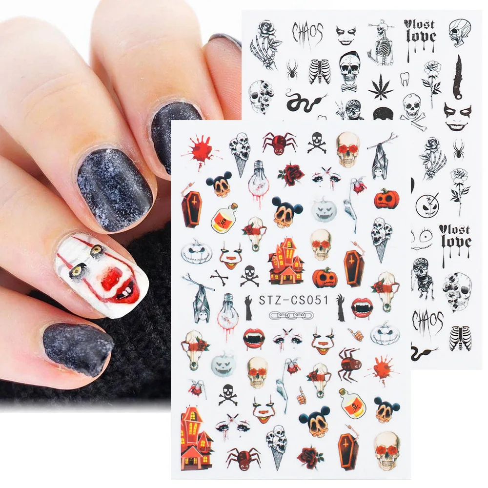 Halloween Nail Art Sticker Skull Bone Clown Pumpkin Sliders Snake Anime Cartoon Spider Decals Manicure Decor
Halloween Nail Art Sticker Skull Bone Clown Pumpkin Sliders Snake Anime Cartoon Spider Decals Manicure Decor