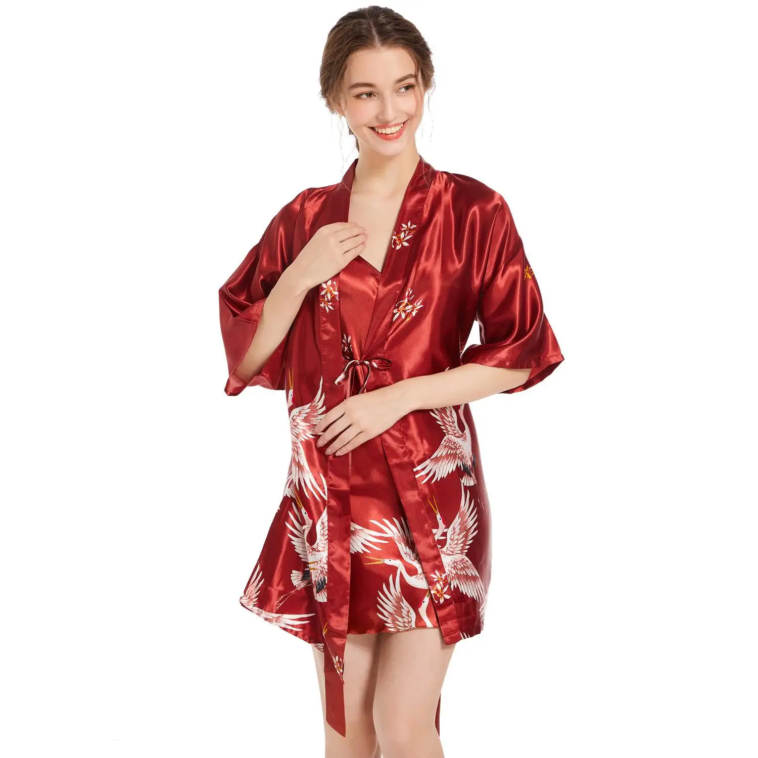 

Loungewear Print Crane 2PCS Kimono Robe Set Half Sleeve Women Sleepwear Bathrobe Gown Satin Nightgown Intimate Lingerie