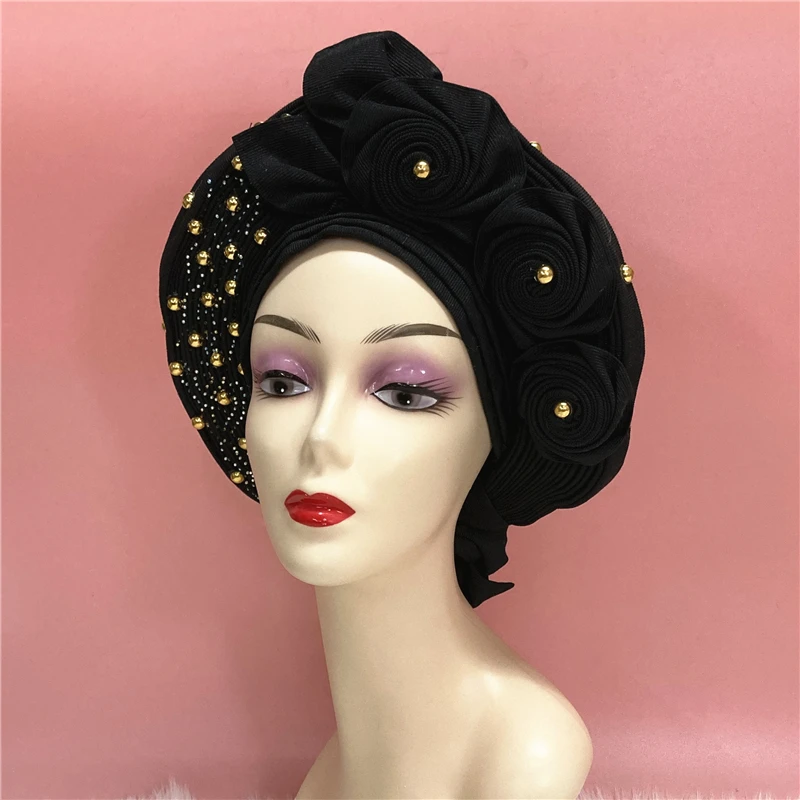 Нигерийский уже изготовленный Gele Headtie золотистый Aso Oke с золотистыми бусинами Auto