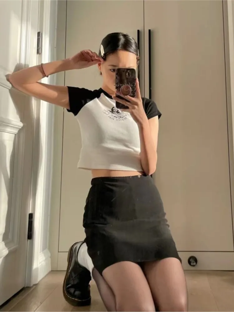 Summer Retro little angel print black raglan stitching short-sleeved bm slim short navel T-shirt female kawaii gothic Tees
Summer Retro little angel print black raglan stitching short-sleeved bm slim short navel T-shirt female kawaii gothic Tees