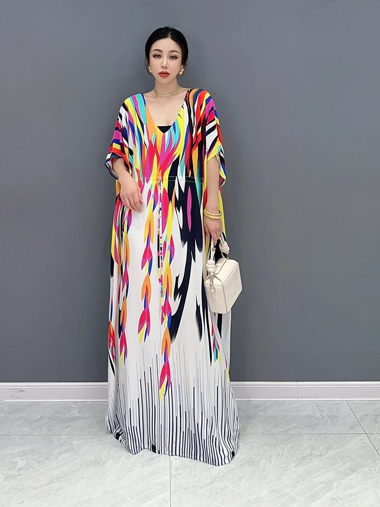 

SuperAen Лето 2023 Новое корейское модное цветное платье с v-образным вырезом свободное платье оверсайз повседневное женское платье Макси