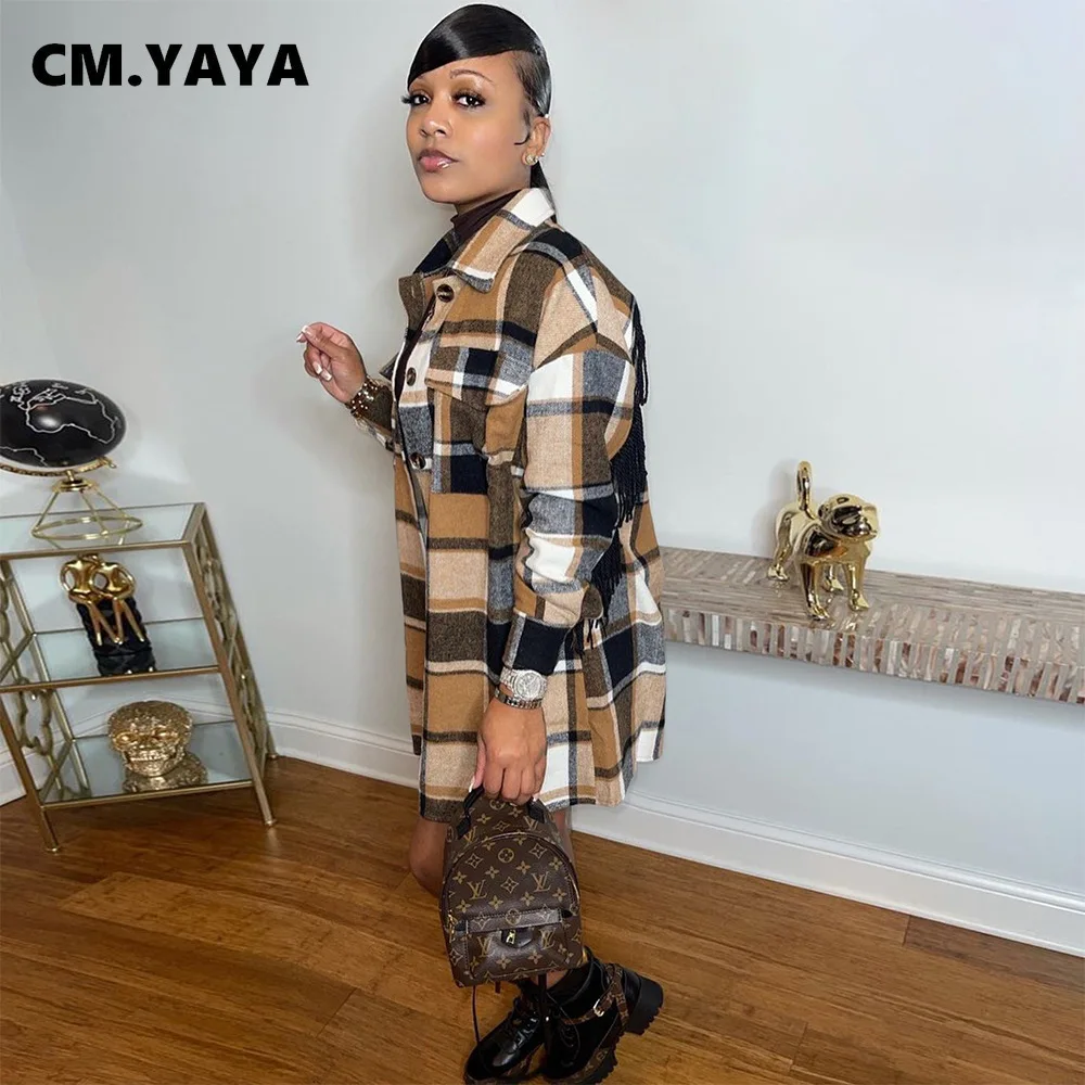 Женская клетчатая однобортная рубашка CM.YAYA, стильная рубашка с длинным рукавом и отложным воротником, шерстяное и Смешанное пальто, зима-ве... 
Женская клетчатая однобортная рубашка CM.YAYA, стильная рубашка с длинным рукавом и отложным воротником, шерстяное и Смешанное пальто, зима-ве...