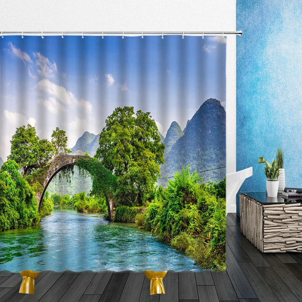 

Natural Rural Scenery Shower Curtains Forest Mountains Waterfall Bridge Scape Bathroom Waterproof Frabic with Hook Bath Curtain