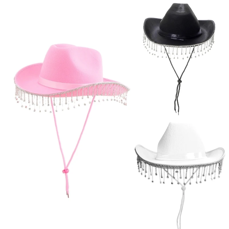 Wedding Cowboy Hat with Rhinestones Fringe Glitter Bride Cowgirl Hat 58cm/23" Cap Fit for Adults Women Three Color
Wedding Cowboy Hat with Rhinestones Fringe Glitter Bride Cowgirl Hat 58cm/23" Cap Fit for Adults Women Three Color