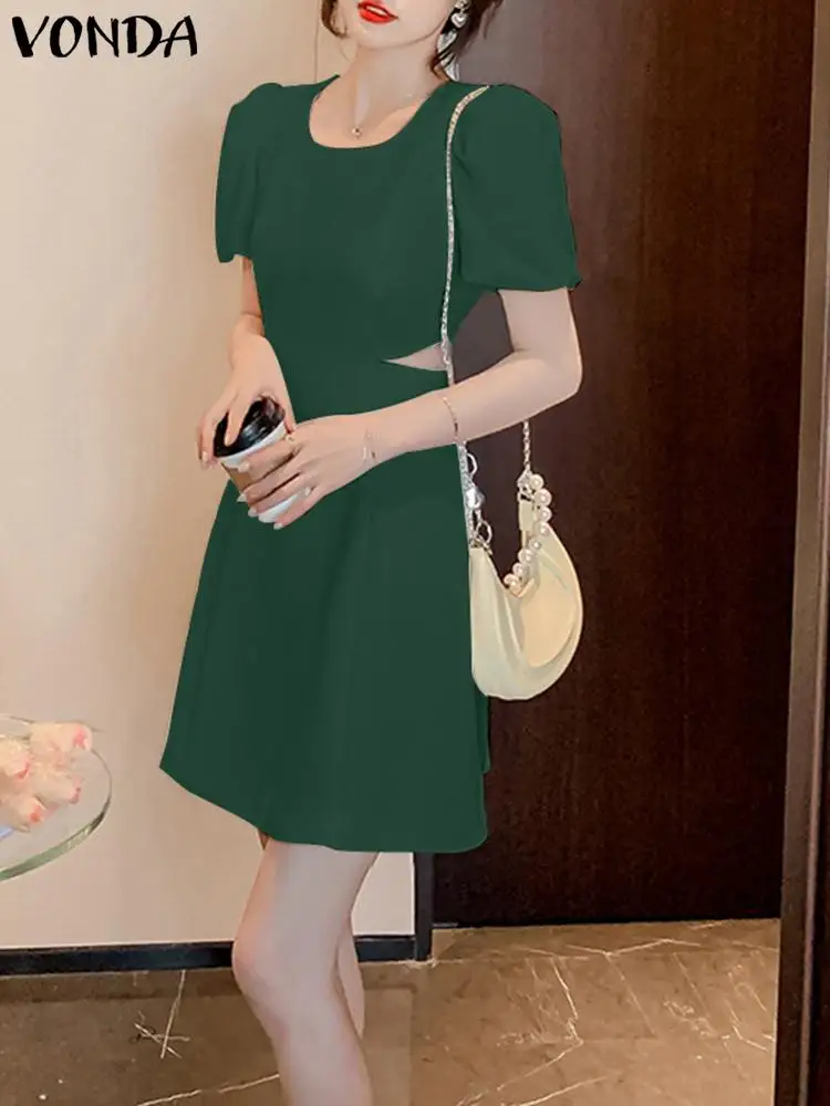2023 VONDA Summer Dress Bohemian Women Puff Sleeve Party Sexy Mini Sundress Fashion Solid Casual Hollow Out Waist Short Vestidos 
2023 VONDA Summer Dress Bohemian Women Puff Sleeve Party Sexy Mini Sundress Fashion Solid Casual Hollow Out Waist Short Vestidos