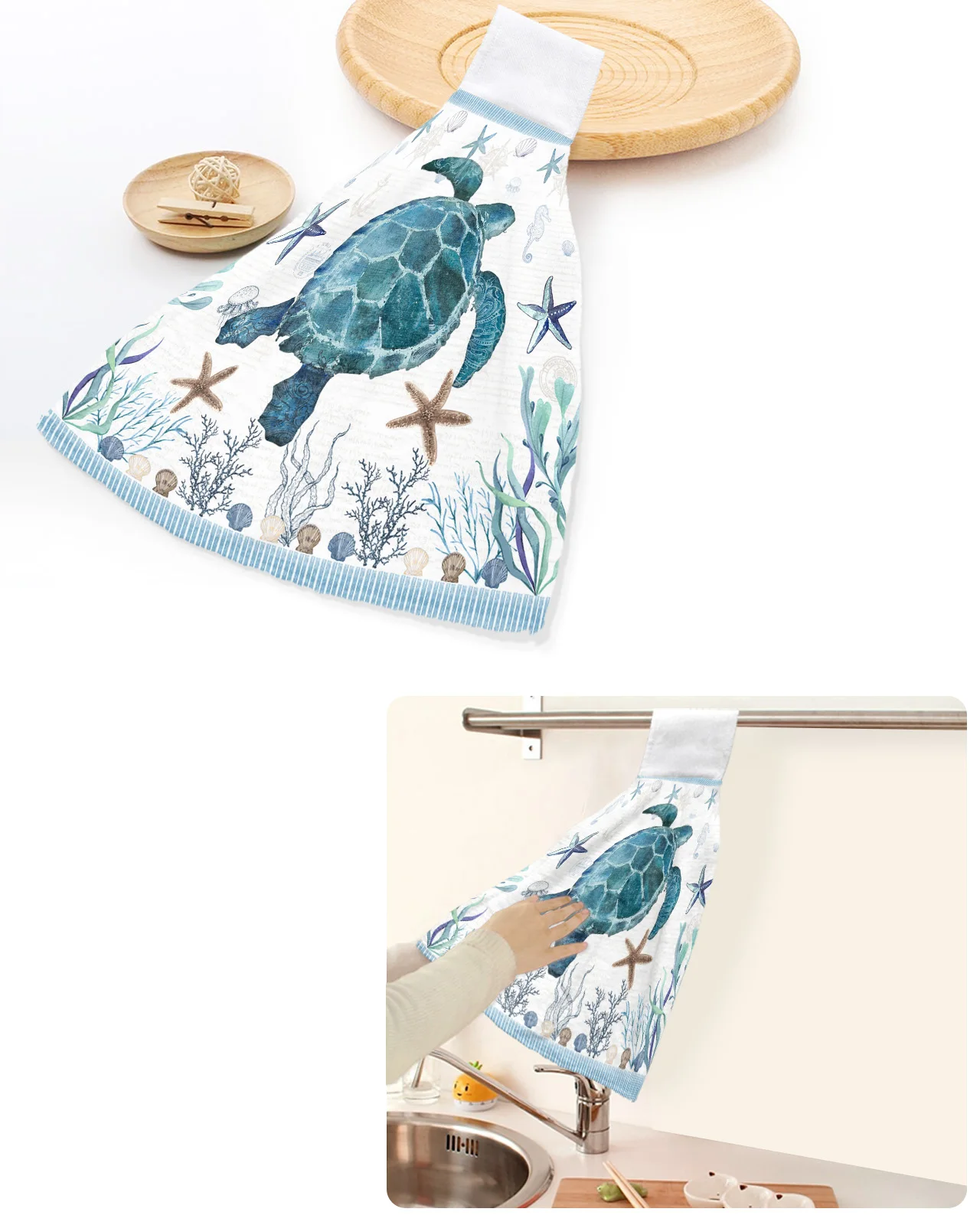 

Mediterranean Style Sea Turtle Stripes Hand Towels Home Kitchen Bathroom Hanging Dishcloths Loops Absorbent Custom Wipe Towel