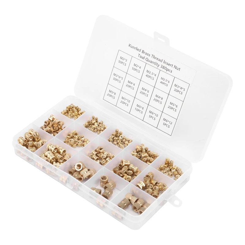 380Pcs Thread Inserts M2 M2.5 M3 M4 M5 M6 Metric Female Thread Brass Knurled Threaded Embedment Nuts Assortment Kit
380Pcs Thread Inserts M2 M2.5 M3 M4 M5 M6 Metric Female Thread Brass Knurled Threaded Embedment Nuts Assortment Kit