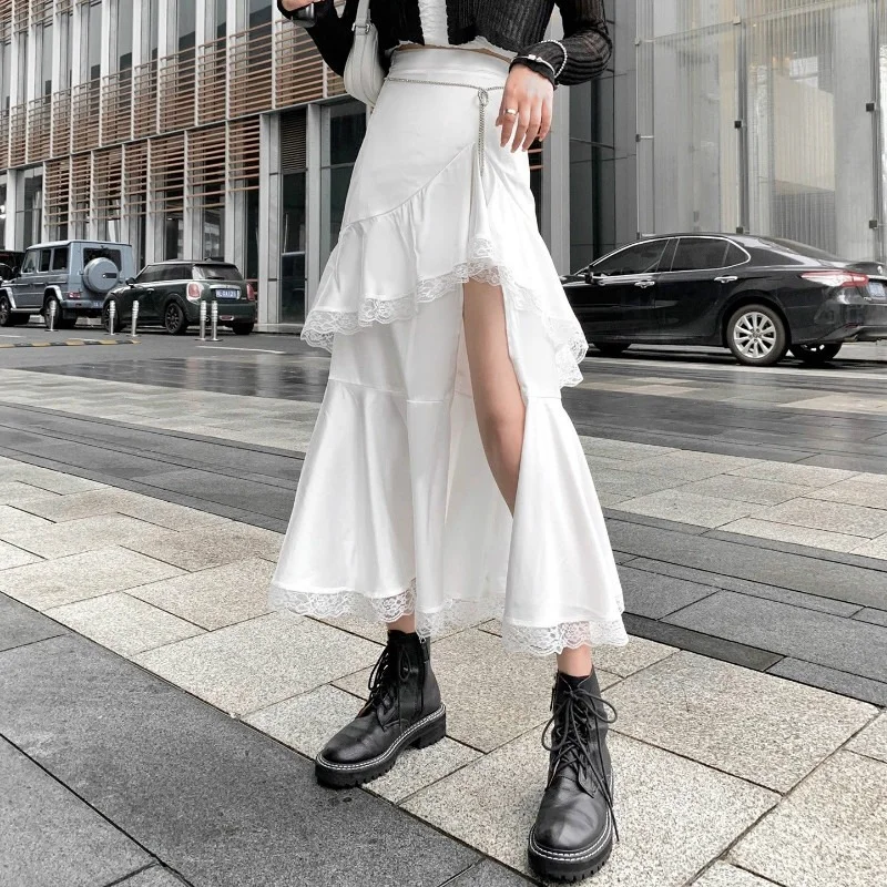 

Женская Асимметричная юбка с оборками, элегантная белая однотонная повседневная юбка с разрезом и высокой талией в стиле Харадзюку, лето 2019