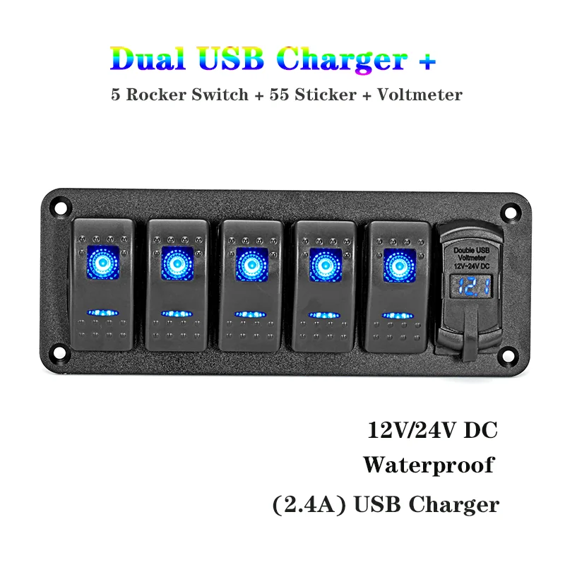 5 Gang Car Rocker Switch Panel With Digital Voltmeter 2.4A Super Fast USB Charger For Vehicles/ Boats/ Yachts/ SUV Lights Switch
5 Gang Car Rocker Switch Panel With Digital Voltmeter 2.4A Super Fast USB Charger For Vehicles/ Boats/ Yachts/ SUV Lights Switch