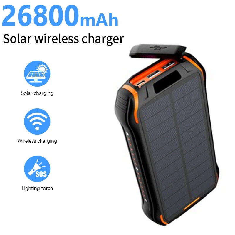 Внешний аккумулятор на солнечной батарее, 26800 мАч, со светодиодной подсветкой
Внешний аккумулятор на солнечной батарее, 26800 мАч, со светодиодной подсветкой
