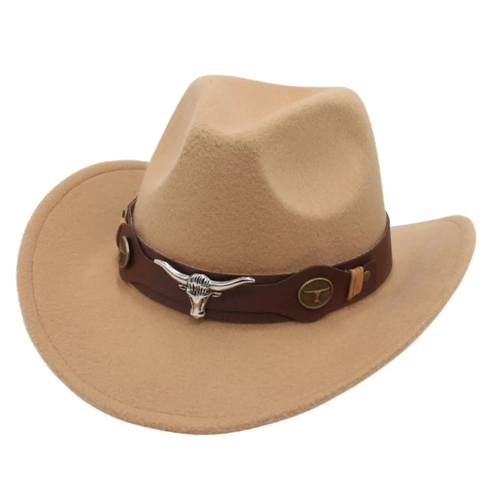 

Felt Western Cowboy Hat New with Cow Band Ethnic Style Jazz Fedora Hats Soft Ox Head Accessories Tibetan Style Top Hat Men