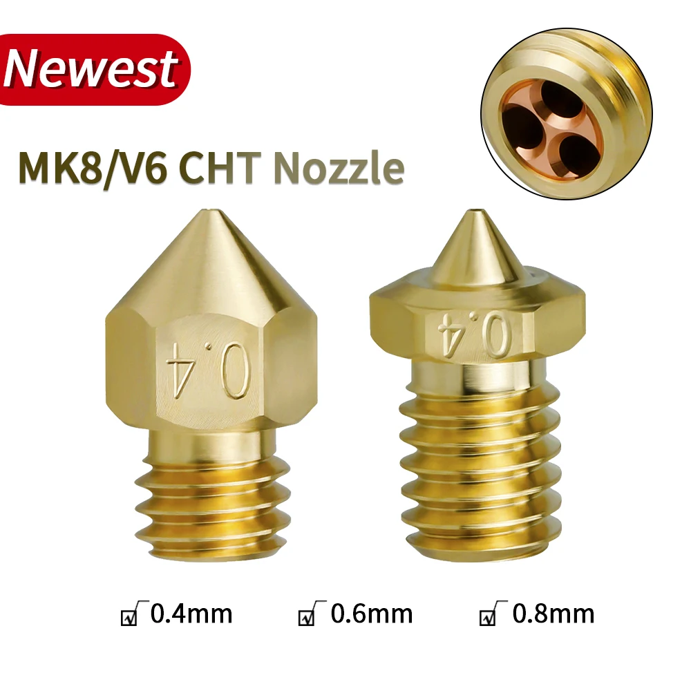 

Newest CHT Nozzle E3D V6/MK8 0.4/0.6/0.8MM Brass Copper Nozzles High Flow Print Head For Ender 3/CR10 V6 Hotend Extruder