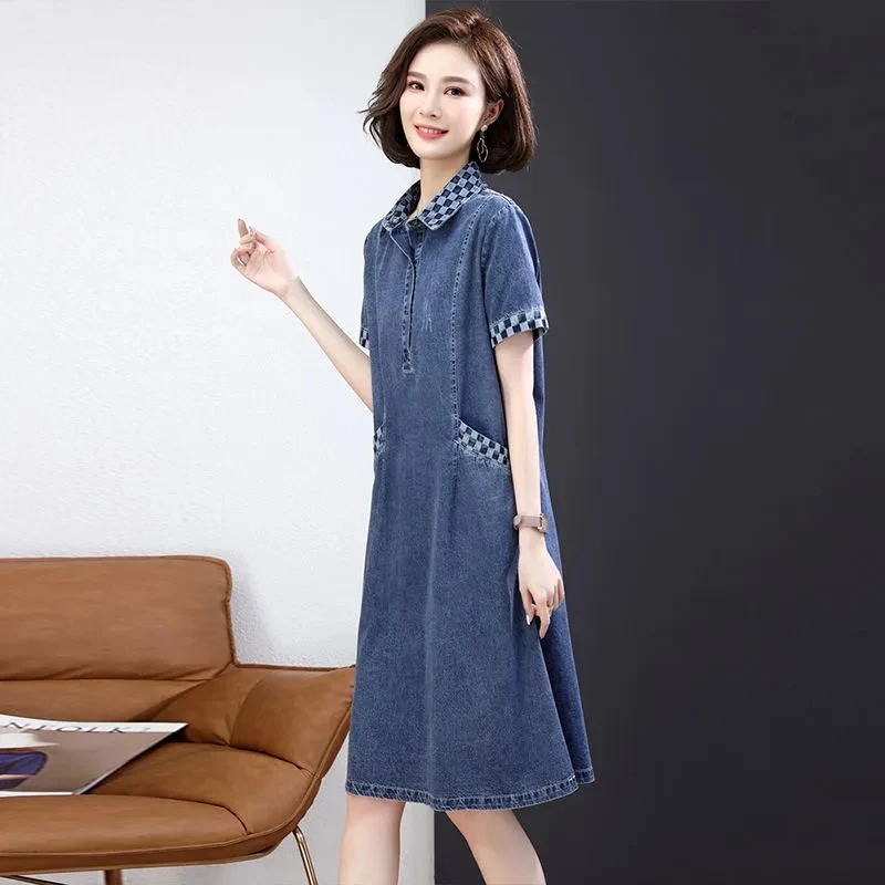 Blue Dress 2022Summer New Korean Fashion Loose Slimming Short Sleeve Denim Shirt Dress Women Polo Neck Pocket Dress Elegant Muje
Blue Dress 2022Summer New Korean Fashion Loose Slimming Short Sleeve Denim Shirt Dress Women Polo Neck Pocket Dress Elegant Muje