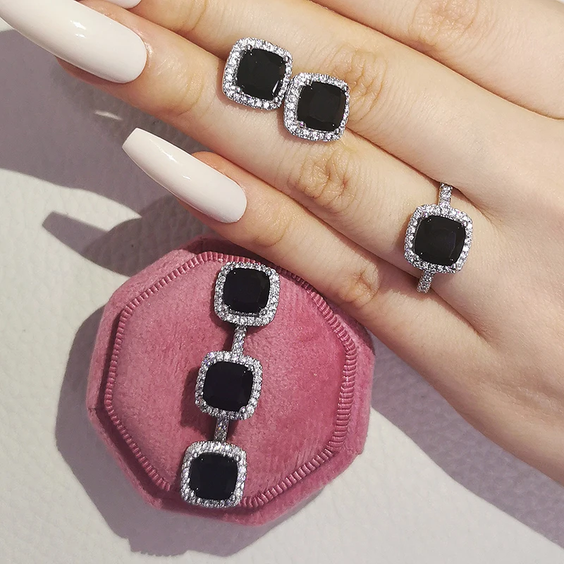 2pcs Pack silver color bride cushion cut zircon cz Jewelry set Engagement ring stud earring Wedding for women gift J1099-black
2pcs Pack silver color bride cushion cut zircon cz Jewelry set Engagement ring stud earring Wedding for women gift J1099-black