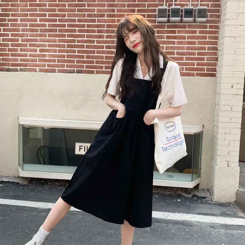 Student strap skirt loose dress+shirt female white shirt short sleeve blouse suit female summer
Student strap skirt loose dress+shirt female white shirt short sleeve blouse suit female summer