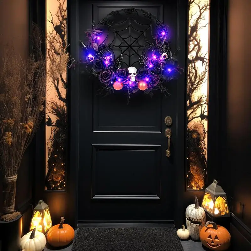 

Светящийся венок на Хэллоуин, 18 дюймов, паук, паутина, глазные яблоки со светом, искусственная Роза, Череп, тыква, венок, призрак, праздничное украшение
