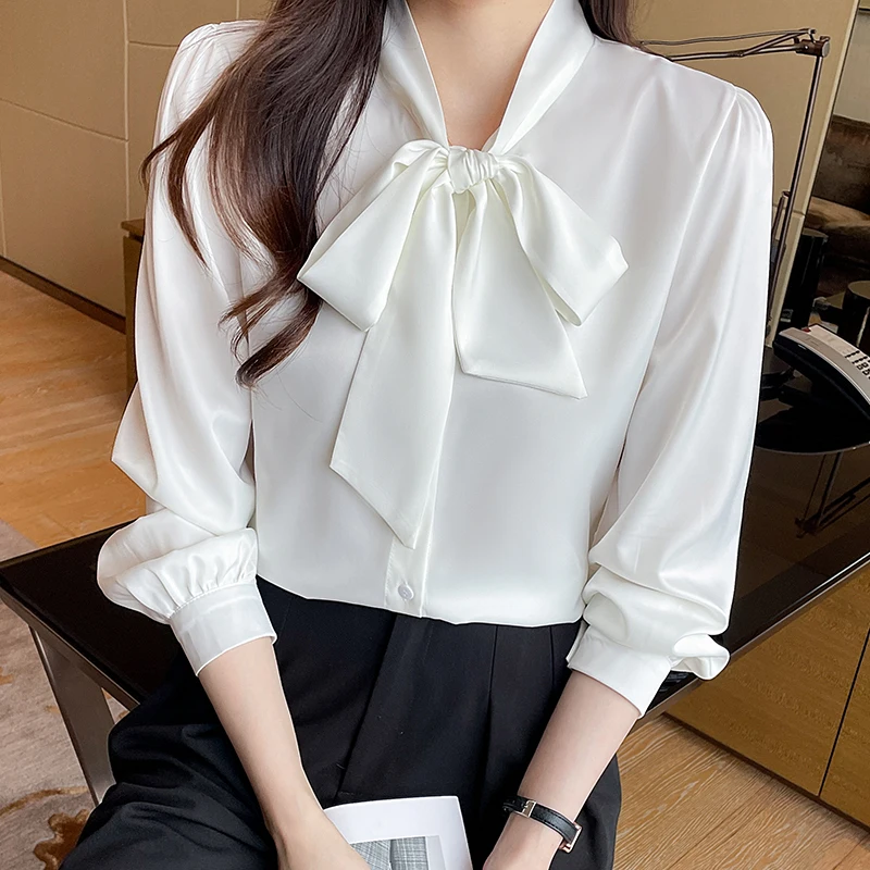 

Ribbon Women's Shirt 2023 Autumn White Shirt Long Sleeve Blouse Chiffon Shirt Bow Womens Tops Elegant Shirt OL Female Clothing