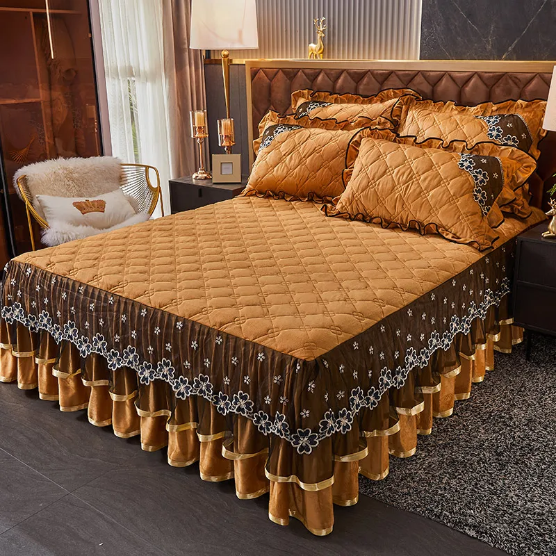 

Luxury Super Soft Crystal Velvet Fleece Lace Ruffles Quilted Bed Skirt Mattress Cover Bedspread Pillowcase Bedding Home Textiles