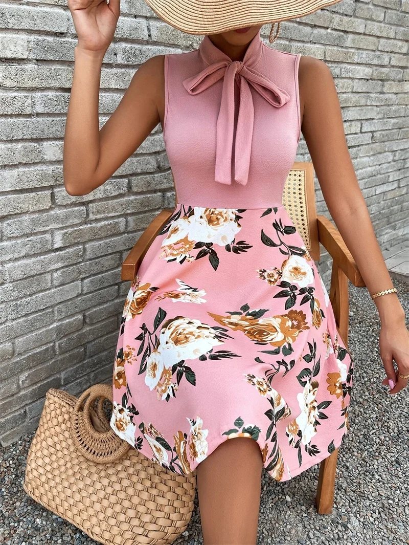 Elegant Bow Tie Neck Sleeveless Dresses Women's Flower Print Splicing Dressy Female Summer Commuter Casual High Waist Short Gown
Elegant Bow Tie Neck Sleeveless Dresses Women's Flower Print Splicing Dressy Female Summer Commuter Casual High Waist Short Gown