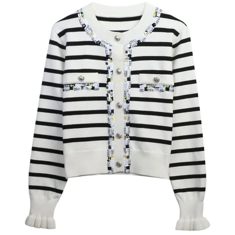 Sequined Contrast Color Women Knitting Cardigans Full Sleeves Striped Loose Casual Lady Sweater Mujer Tops Clothes 
Sequined Contrast Color Women Knitting Cardigans Full Sleeves Striped Loose Casual Lady Sweater Mujer Tops Clothes