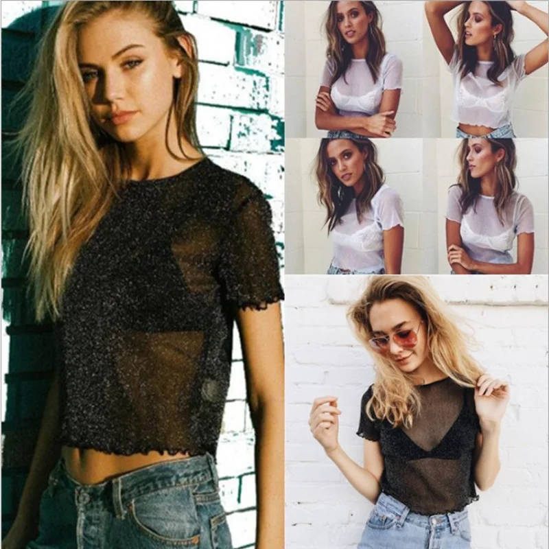 Fashion Sexy Short-Sleeved Tulle and Bright Silk Women's Round Neck Summer Mesh T-shirt White Off Shoulder Top Woman Tshirts
Fashion Sexy Short-Sleeved Tulle and Bright Silk Women's Round Neck Summer Mesh T-shirt White Off Shoulder Top Woman Tshirts