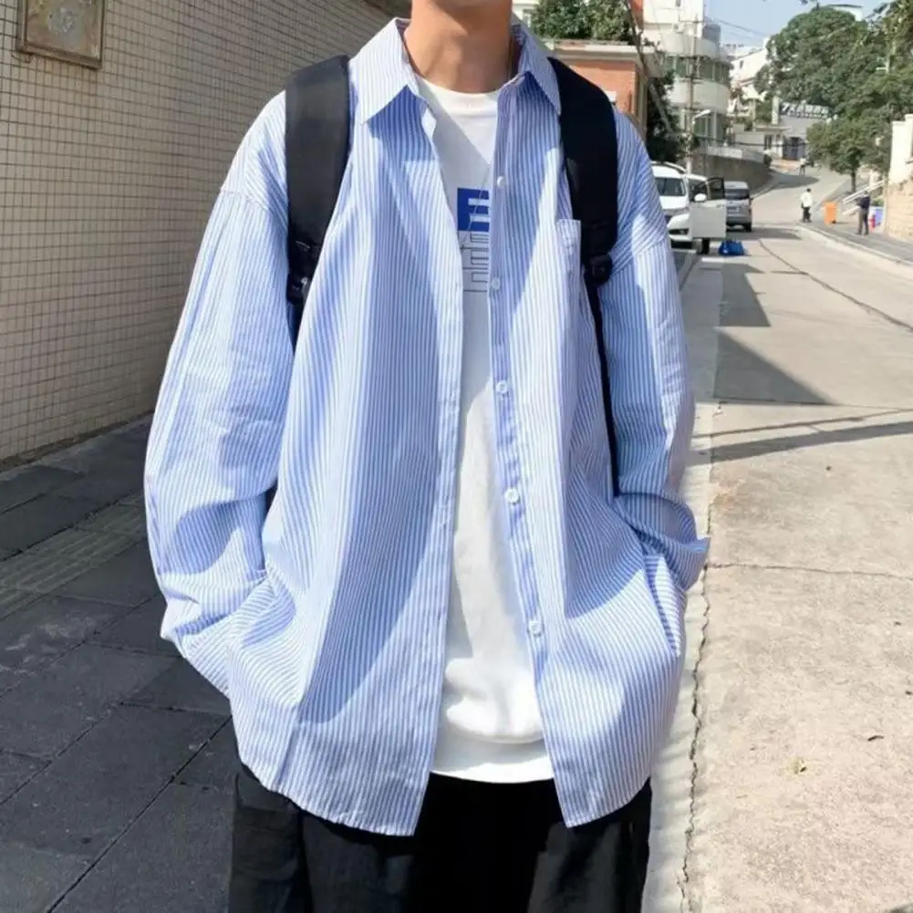 Autumn Men Shirt Lapel Long Sleeve Patch Pocket Casual Shirt Loose Fit Striped Print Shirt Coat Soft Single-breasted Work Shirt
Autumn Men Shirt Lapel Long Sleeve Patch Pocket Casual Shirt Loose Fit Striped Print Shirt Coat Soft Single-breasted Work Shirt