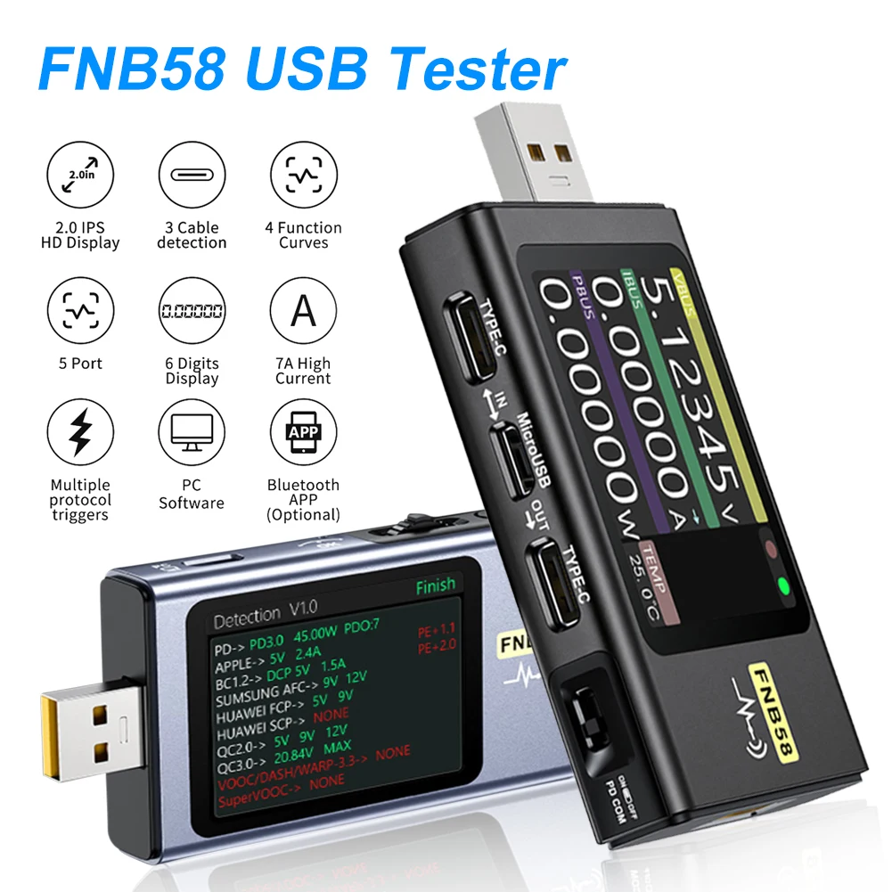 FNB58 USB Tester Voltmeter Ammeter USB Type C Fast Charging Detection Trigger Capacity Measurement Ripple Measurement
FNB58 USB Tester Voltmeter Ammeter USB Type C Fast Charging Detection Trigger Capacity Measurement Ripple Measurement