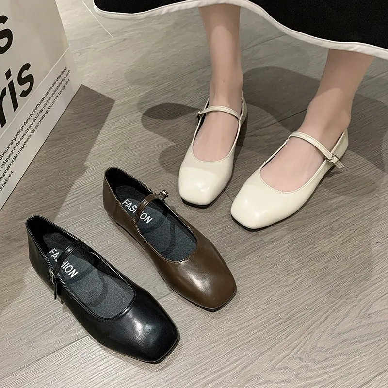 

New Commuting Leather Women's Shoes Shallow Cut Flat Shoes Mary Jane Shoes Casual Square Toe Ballet Shoes Concise