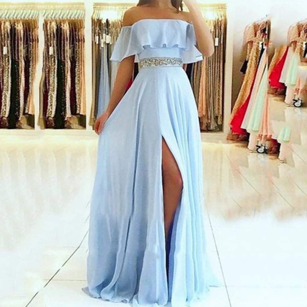 2022 Sky Blue Bridesmaid Dresses Front Split Beading A-Line Sleeveless Off-the-Shoulder Floor Length Chiffon Dresses for Wedding
2022 Sky Blue Bridesmaid Dresses Front Split Beading A-Line Sleeveless Off-the-Shoulder Floor Length Chiffon Dresses for Wedding