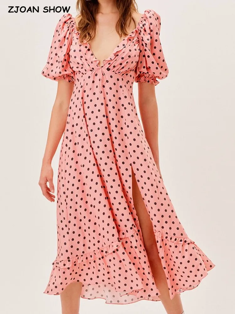 2022 Retro Wood ears Deep V neck Pink Dot Women Maxi Long Dress Vintage Puff Sleeve Ruffles Hem Slit Dresses Holiday Robe
2022 Retro Wood ears Deep V neck Pink Dot Women Maxi Long Dress Vintage Puff Sleeve Ruffles Hem Slit Dresses Holiday Robe