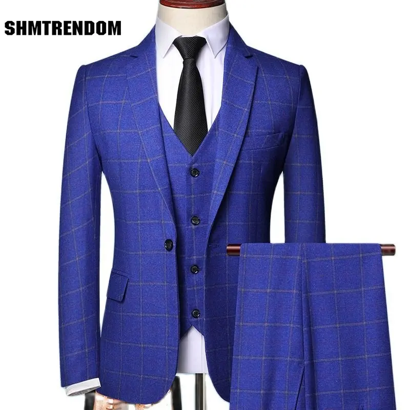 (Jackets+Vest+Pants) 2023 Brand Clothing Men High Quality Cotton Business Three-piece Suit/Male Slim Plaid Groom Dress Blazers 
(Jackets+Vest+Pants) 2023 Brand Clothing Men High Quality Cotton Business Three-piece Suit/Male Slim Plaid Groom Dress Blazers