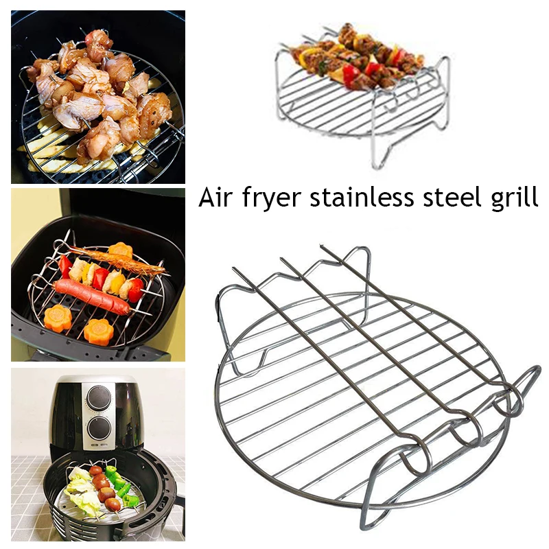 

Air Fryer Double Layer Rack Stainless Steel Versatile Round Roasting Rack Grill Rack 6/7/8 inch Round With Skewers Baking Tray
