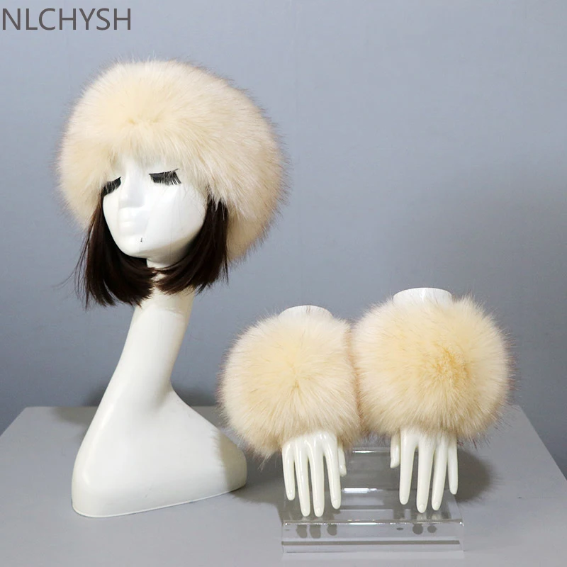 

New Autumn Winter Caps Female Hats Cuffs Set Fashion Warmth Imitation Quality Design Faux Fur Hat Fox Fur Sleeves Suit Accessary