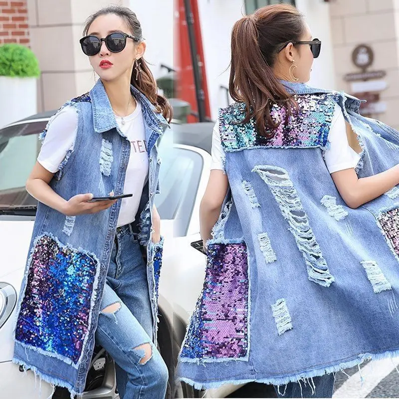 2023 Spring Summer New Denim Vest Women Length Coat Top Female Sequin Outerwear Horse Jacket
2023 Spring Summer New Denim Vest Women Length Coat Top Female Sequin Outerwear Horse Jacket