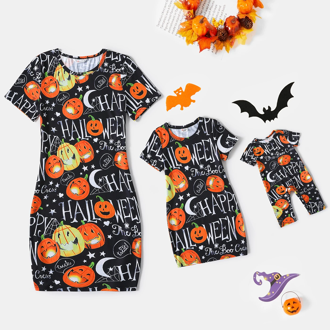 

PatPat Halloween Allover Pumpkin & Letter Print Short-sleeve Bodycon T-shirt Dress for Mom and Me