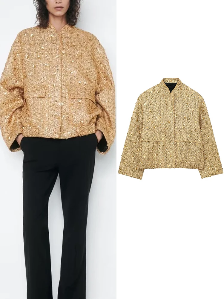 TRAF Sequin Women Shinny Croped Jacket For Women Stand Collar Long Sleeve Gold Coat 2023 Autumn Chic Female Streetwear Coats
TRAF Sequin Women Shinny Croped Jacket For Women Stand Collar Long Sleeve Gold Coat 2023 Autumn Chic Female Streetwear Coats