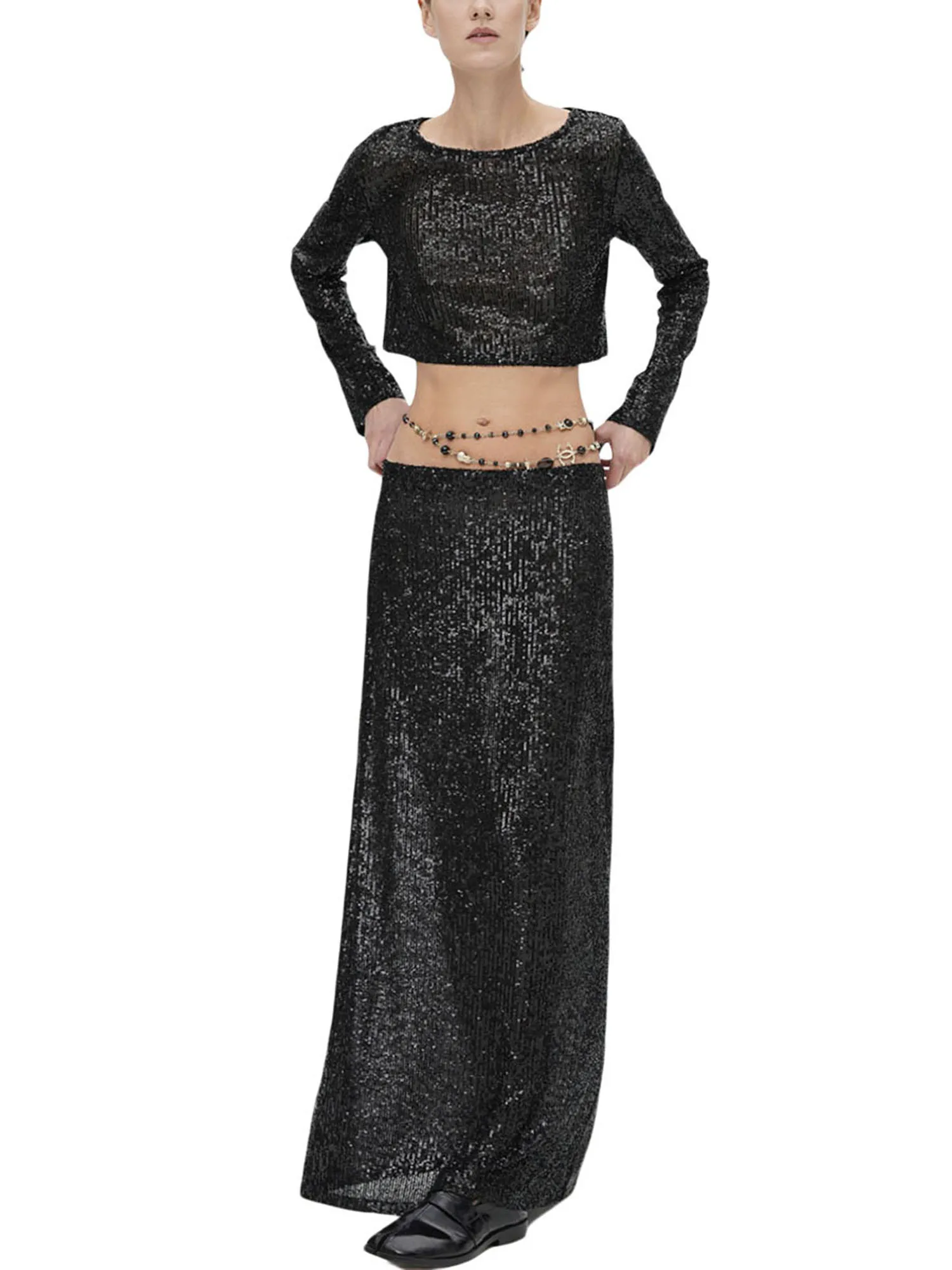 

Women s Sequin Embellished Crop Top with Long Sleeves and Round Neckline - Shimmering Glamorous Party Blouse Perfect to Flaunt