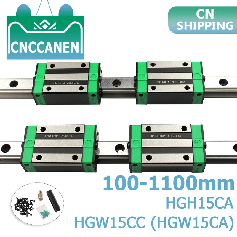 

2PCS HGR15 HGH15 Square Linear Guide Rail ANY LENGTH+4PCS Slide Block Carriage HGH15CA /Flang HGW15CC CNC Parts Router Engraving