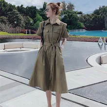 Sandro Rivers Ladies Khaki Polo Neck Dress, Summer Design, Niche, Slim-Looking Waistline Shirt, A-line Skirt