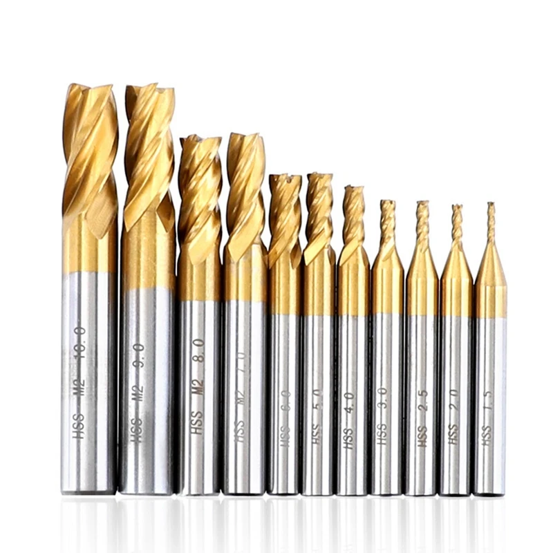 11Pcs Milling Cutters 4-Flute Titanium HSS End Mill Set 1.5-10mm CNC Router Bit for Wood Steel Milling
11Pcs Milling Cutters 4-Flute Titanium HSS End Mill Set 1.5-10mm CNC Router Bit for Wood Steel Milling