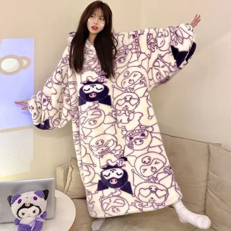 

Kuromi Anime Sanrio Kawaii Plush Pajama Cute Winter Thickened Flannel Velvet Warm Homelike Hooded Jumpsuit Birthday Girl Gift