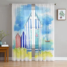 Summer Watercolor Beach Wooden House Voile Curtains Bedroom Tulle Window Curtain for Living Room Sheer Curtains Blinds Drapes